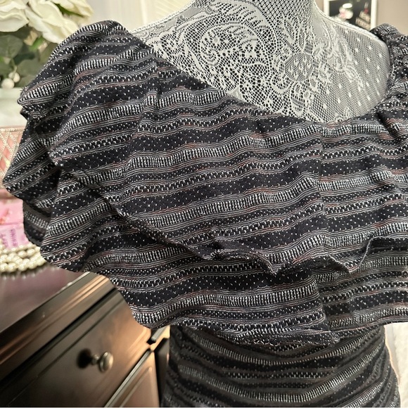 Free People Black Combo Off-Shoulder Ruffle Smocked Top | Size Large - Picture 6 of 16